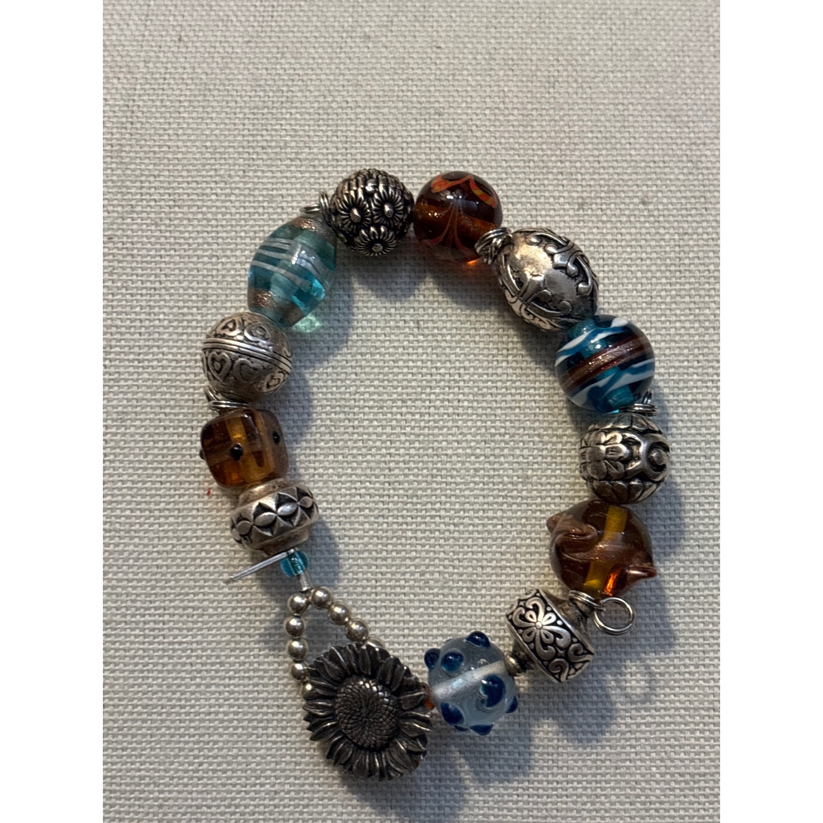 Dazzled Sunflower Charm Bead Bracelet Mixed Glass Silver Tone